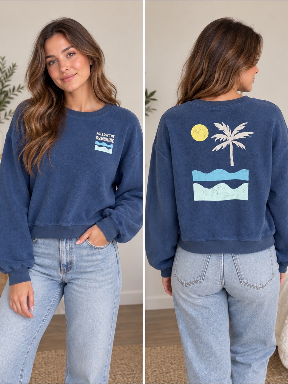 Saltwater Luxe Follow the Sunshine Blue Fleece Sweatshirt Size M NWT